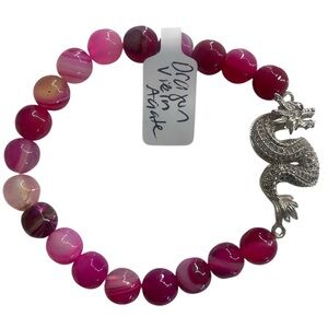 Pink Dragon Vein Agate Gemstone Bracelet, featuring a stunning silver dragon